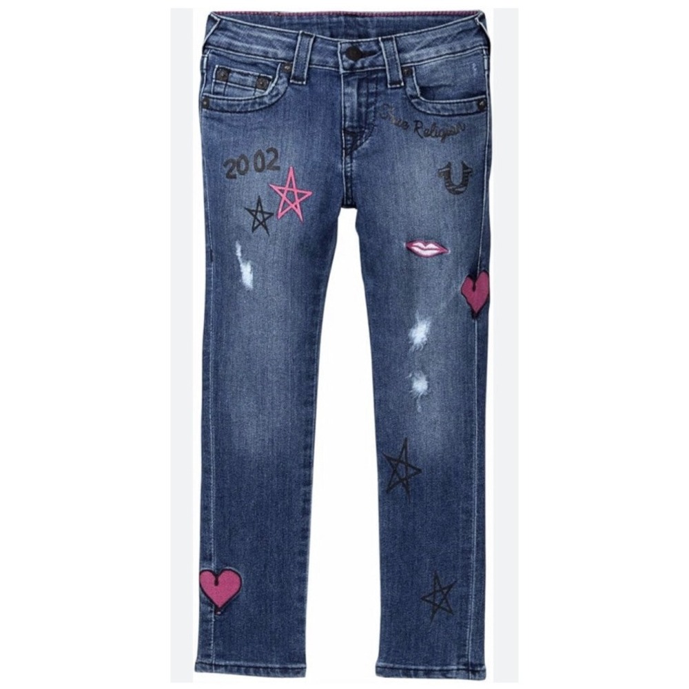 NWT True Religion Girls Casey Doodle Jeans Size 6 embroidered heart